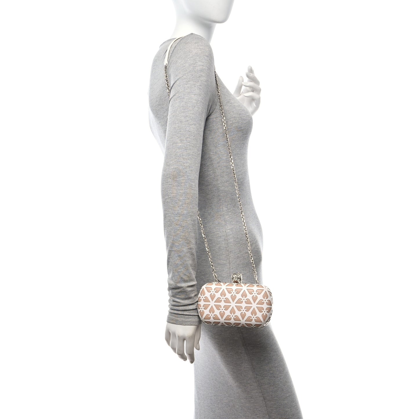 Nappa Laser-Cut Skull Box Chain Clutch Nude White