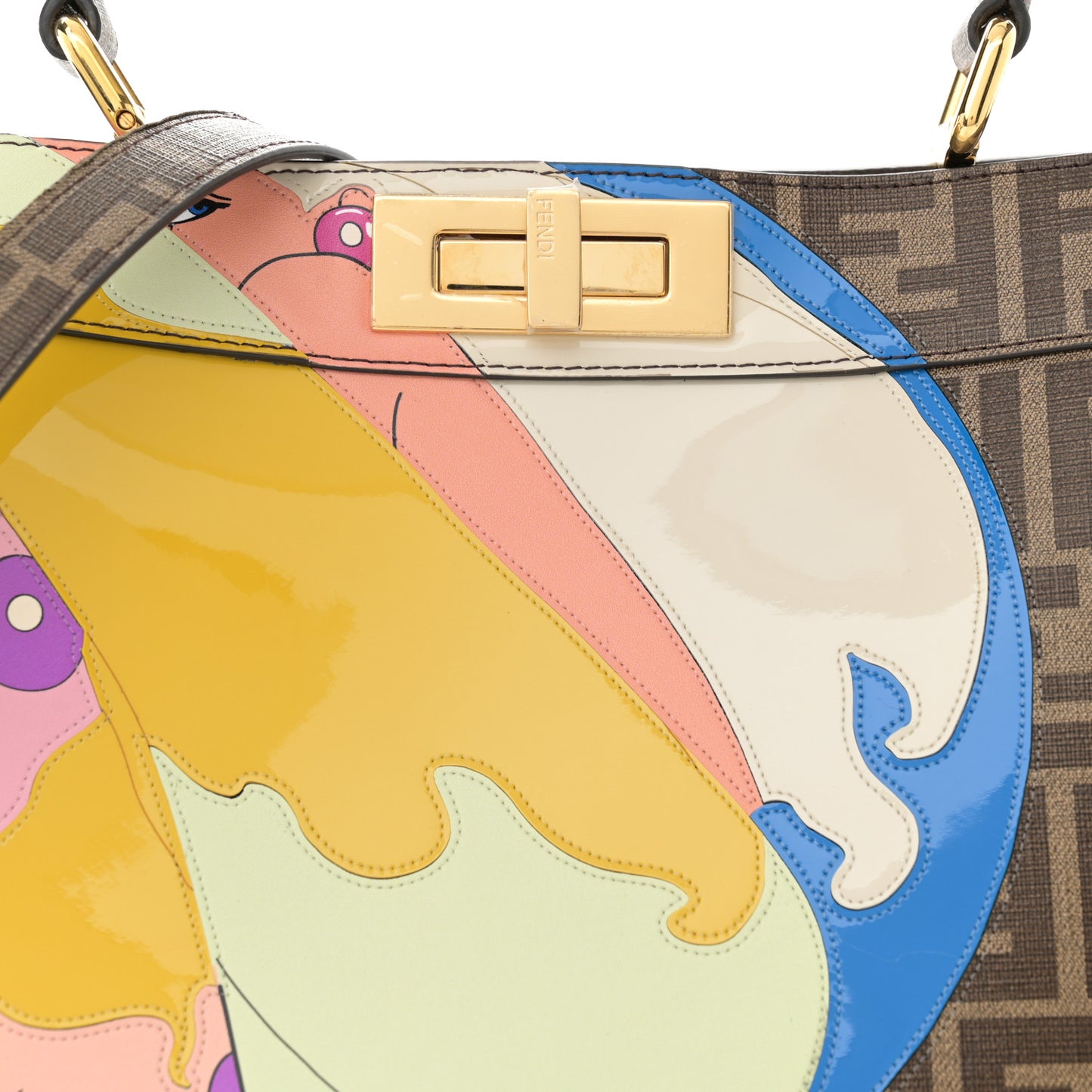 Glazed Fabric Vitello FF 1974 Hairdo Girls Inlay Medium Peekaboo Iconic Satchel Mogano Panna Multicolor