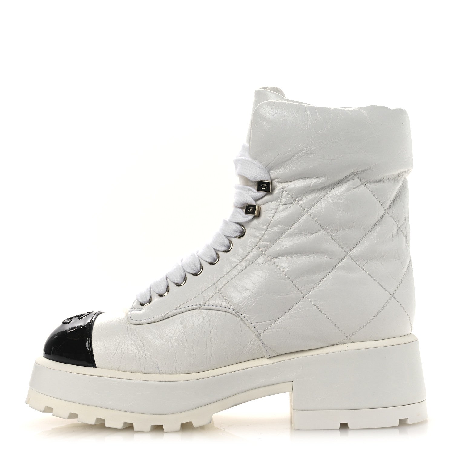 Chanel Crumpled Patent Lambskin Calfskin Quilted Lace Up Combat