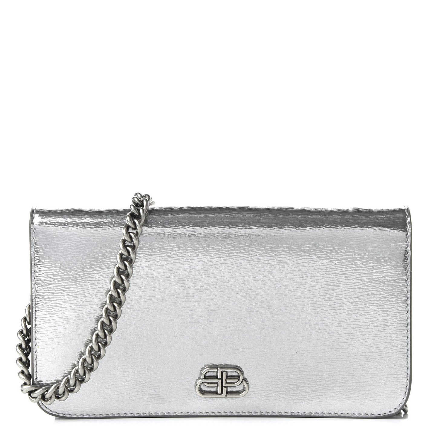 Metallic Grained Calfskin BB Phone Holder Wallet On Chain Silver
