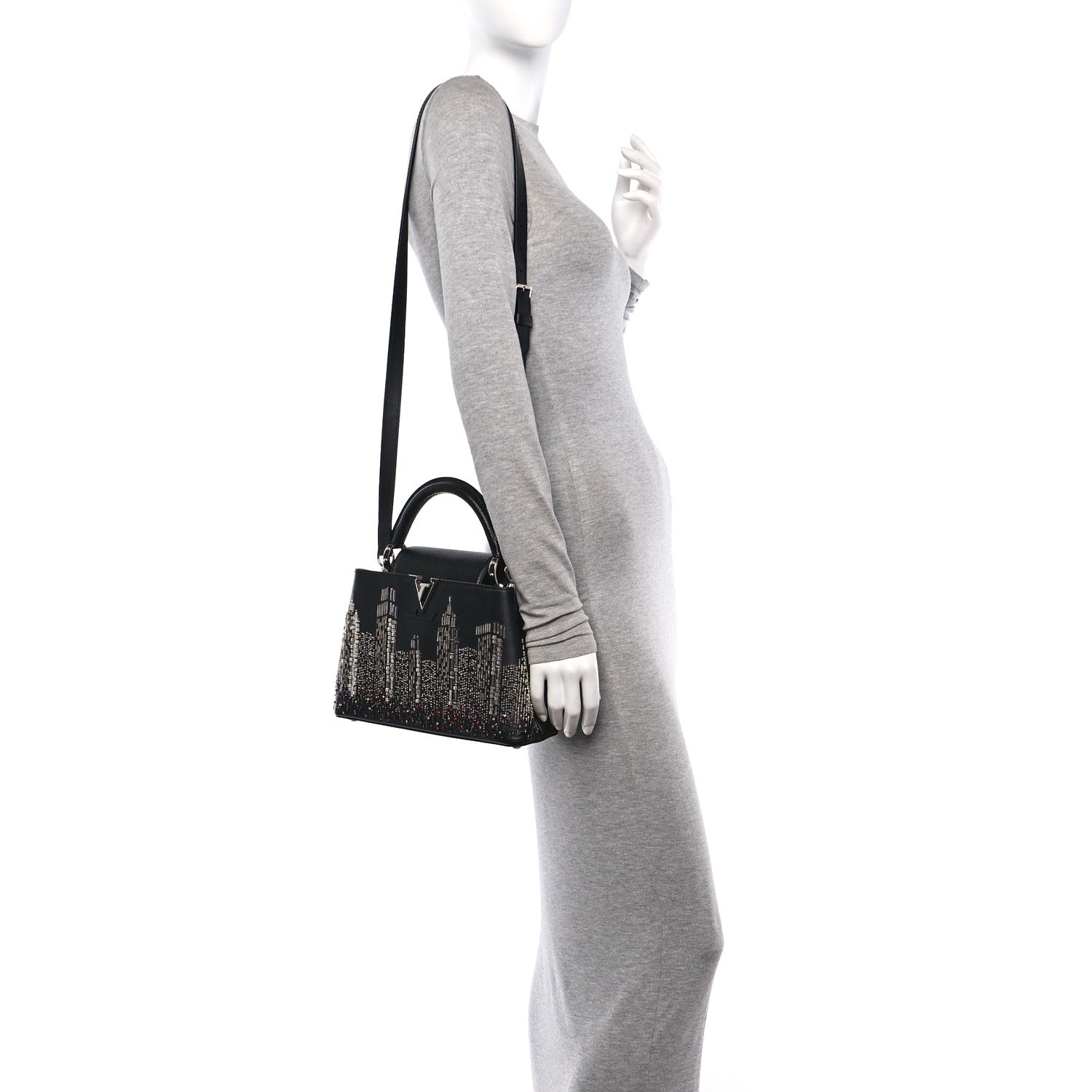 Louis Vuitton Calfskin Karung Beaded 57th Street NYC Skyline Capucines BB Black 3 of 10