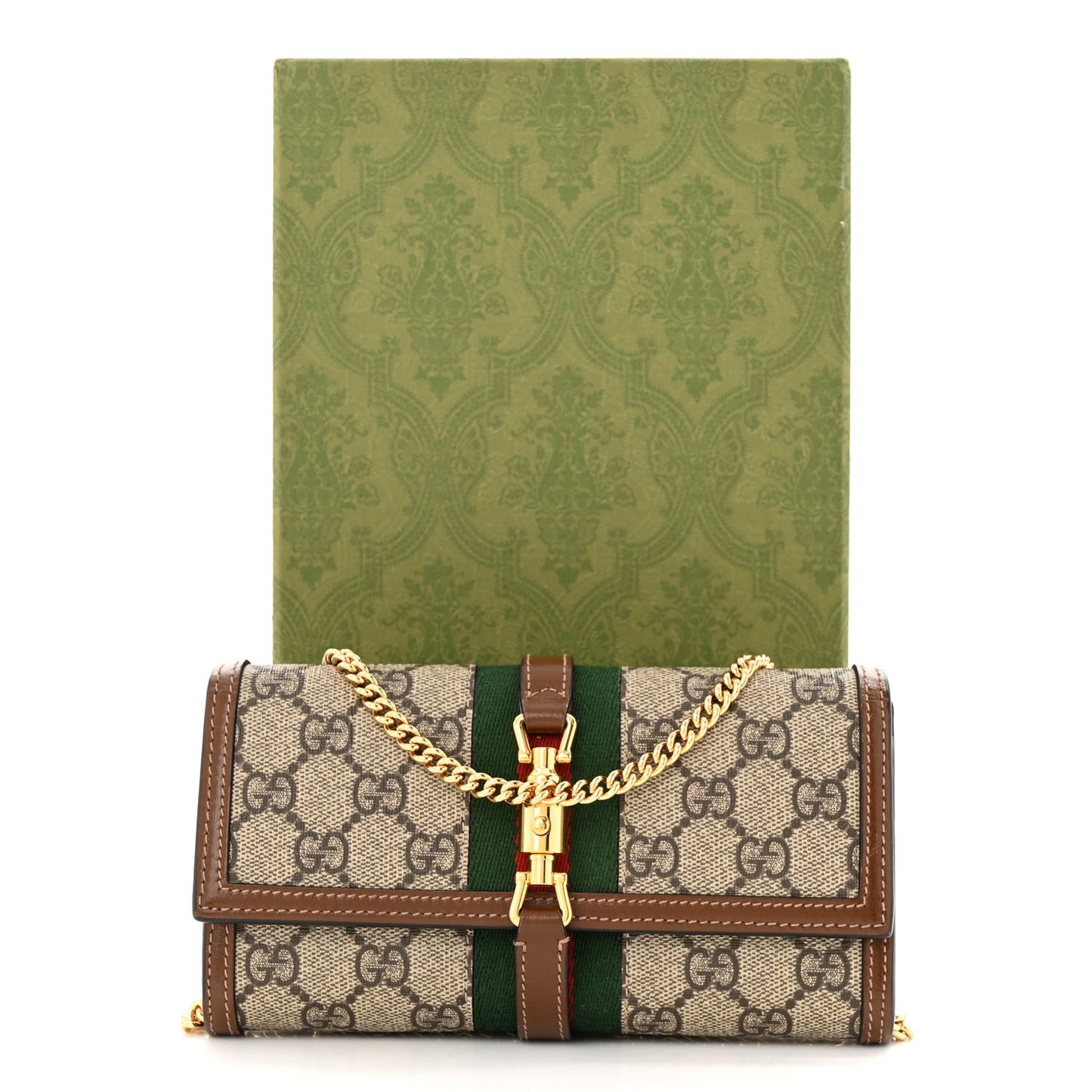 GG Supreme Monogram Azalea Calfskin Web Jackie 1961 Chain Wallet Beige Ebony Brown Sugar