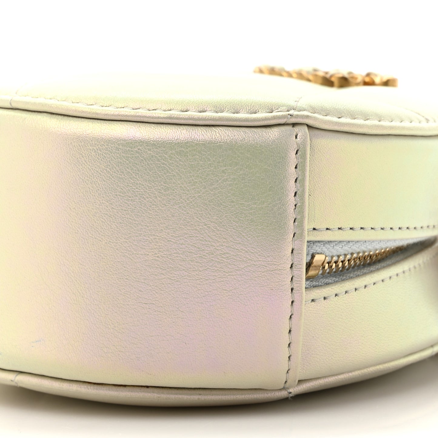 Iridescent Calfskin Quilted Chanel 19 Round Clutch With Chain White