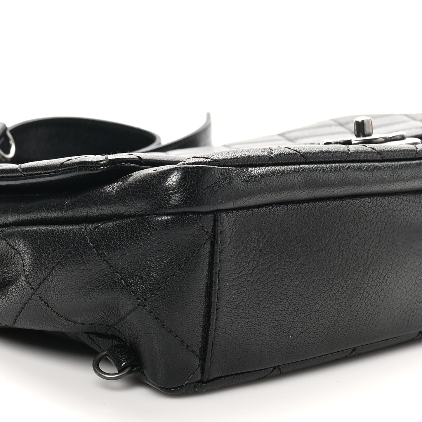 Shiny Goatskin Quilted Large Double Carry Waist Chain Flap Black