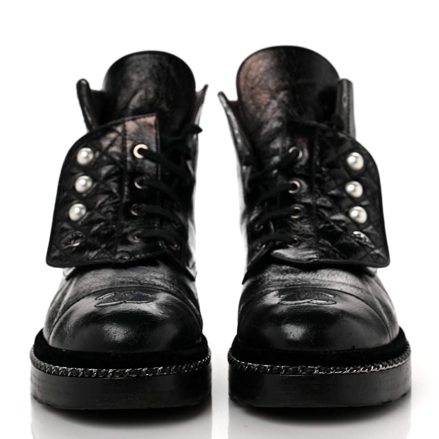 Crackled Calfskin Velvet Pearl Combat Short Boots 40 Black
