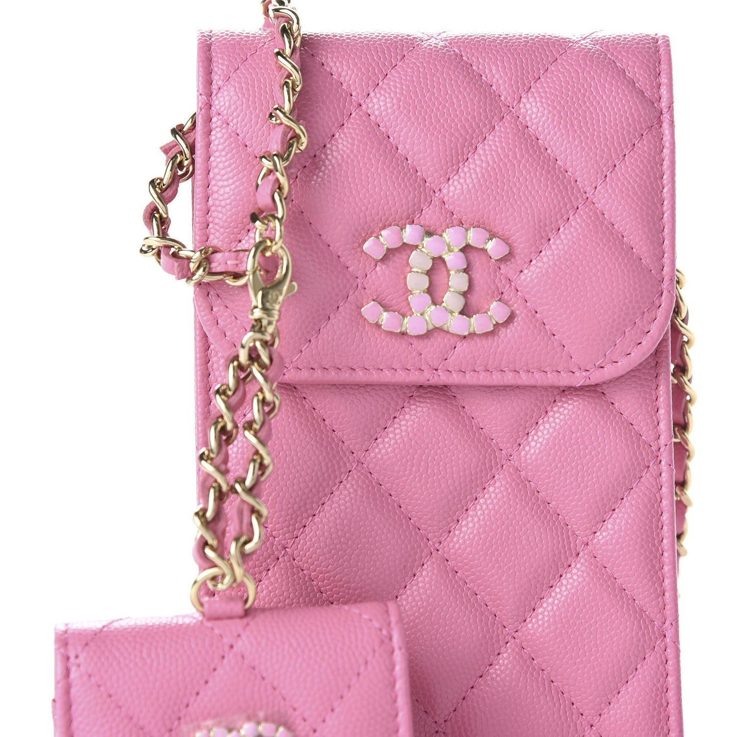 Caviar Quilted Crystal CC Airpods Pro and Phone Case With Chain Pink