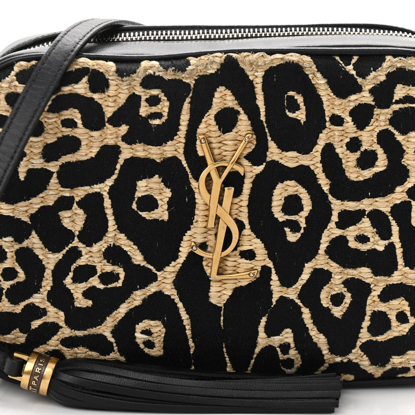 Raffia Calfskin Leopard Print Monogram Lou Camera Bag Natural Beige Black