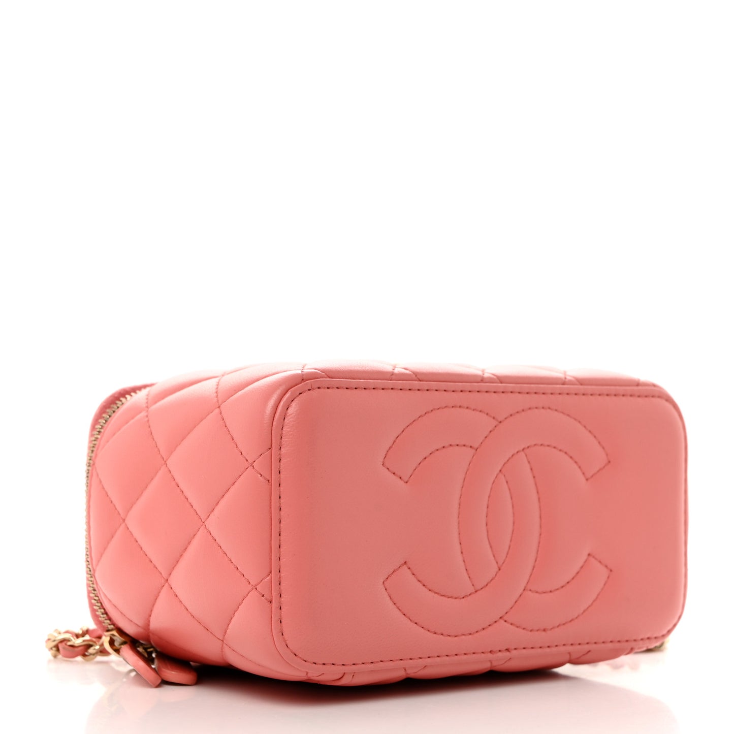 Lambskin Quilted Small Charming Top Handle Vanity Case With Chain Pink