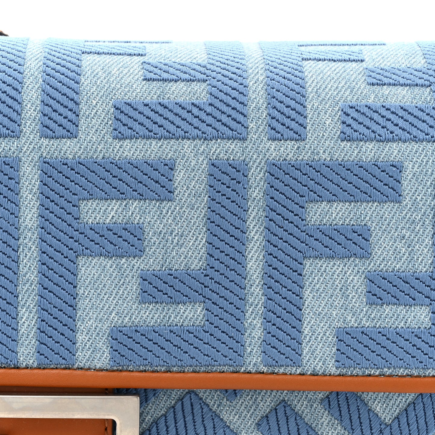 Denim Vitello King FF Embroidered Baguette Denim Chiaro Brandy