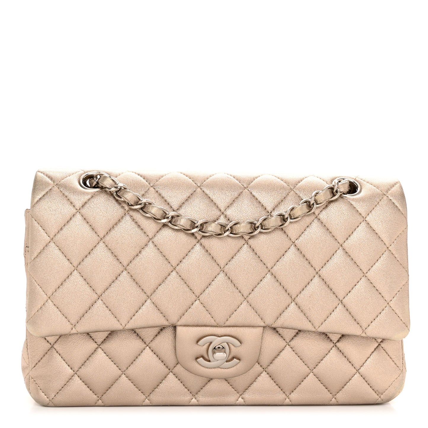 Metallic Lambskin Quilted Medium Double Flap Gold