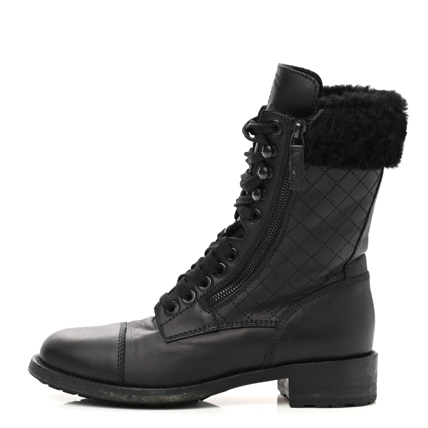 Calfskin Shearling Quilted Cap Toe Combat Boots 39.5 Black