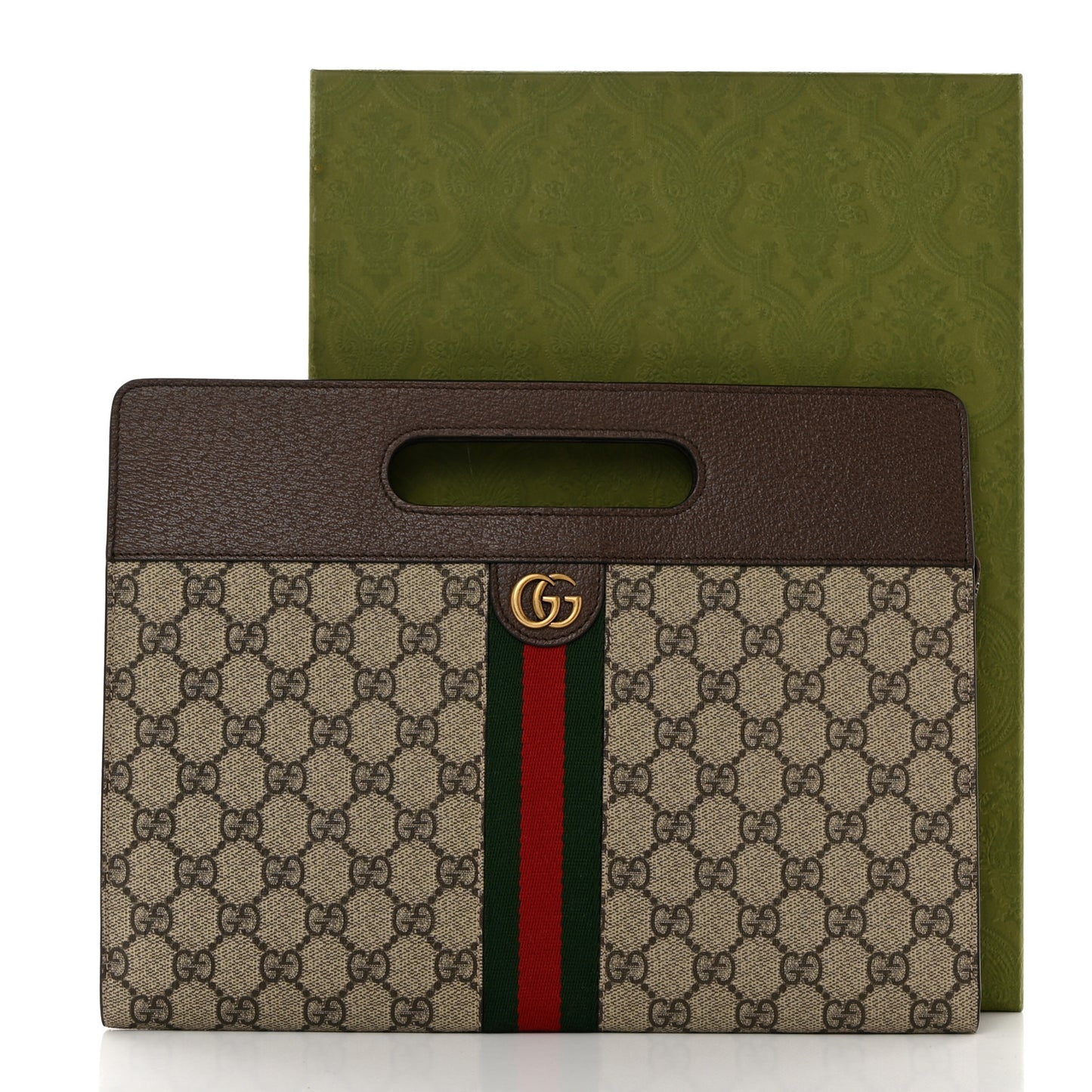 GG Supreme Monogram Textured Dollar Calfskin Web Ophidia Slip Handle Tote Beige Ebony New Acero