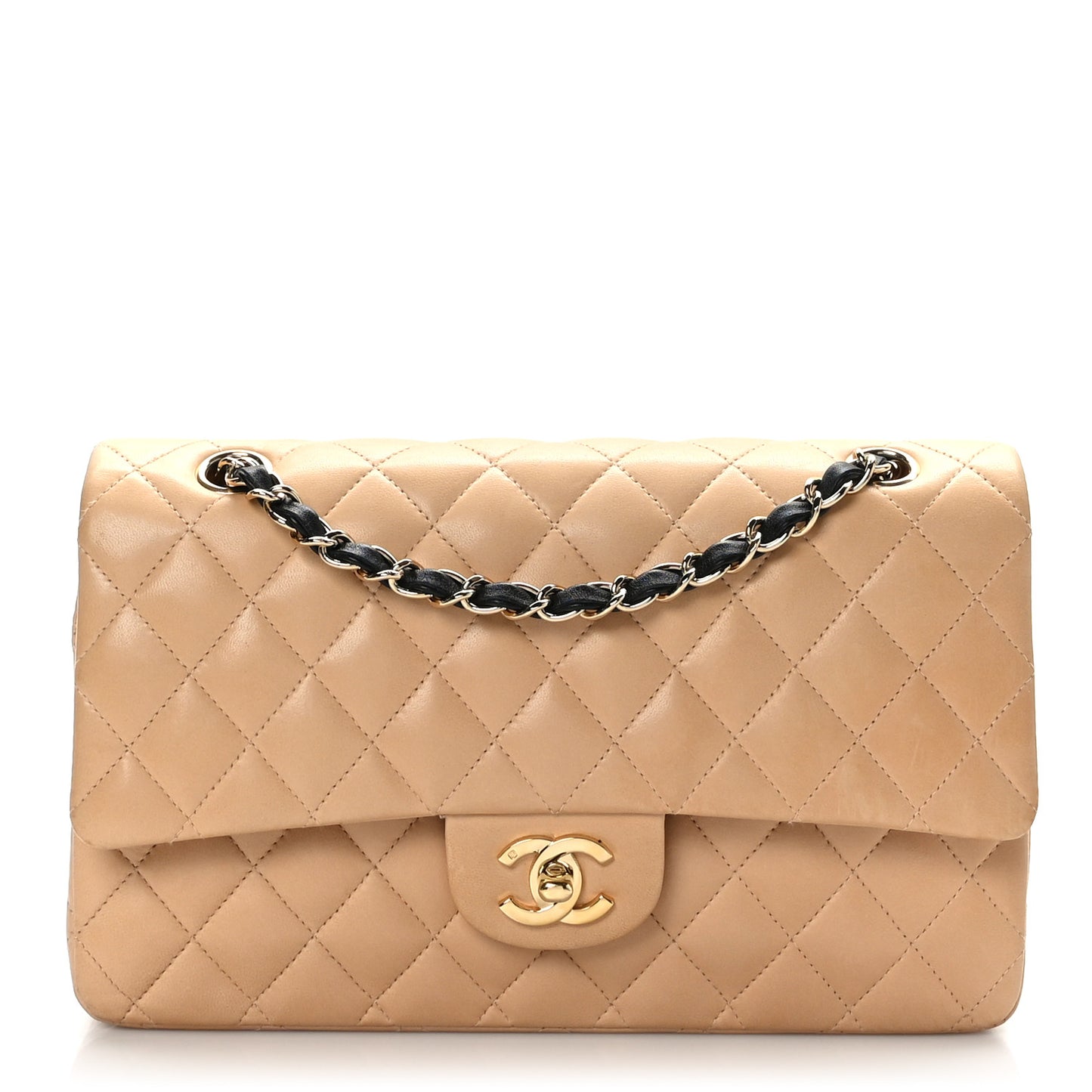 Lambskin Quilted Medium Double Flap Beige Black