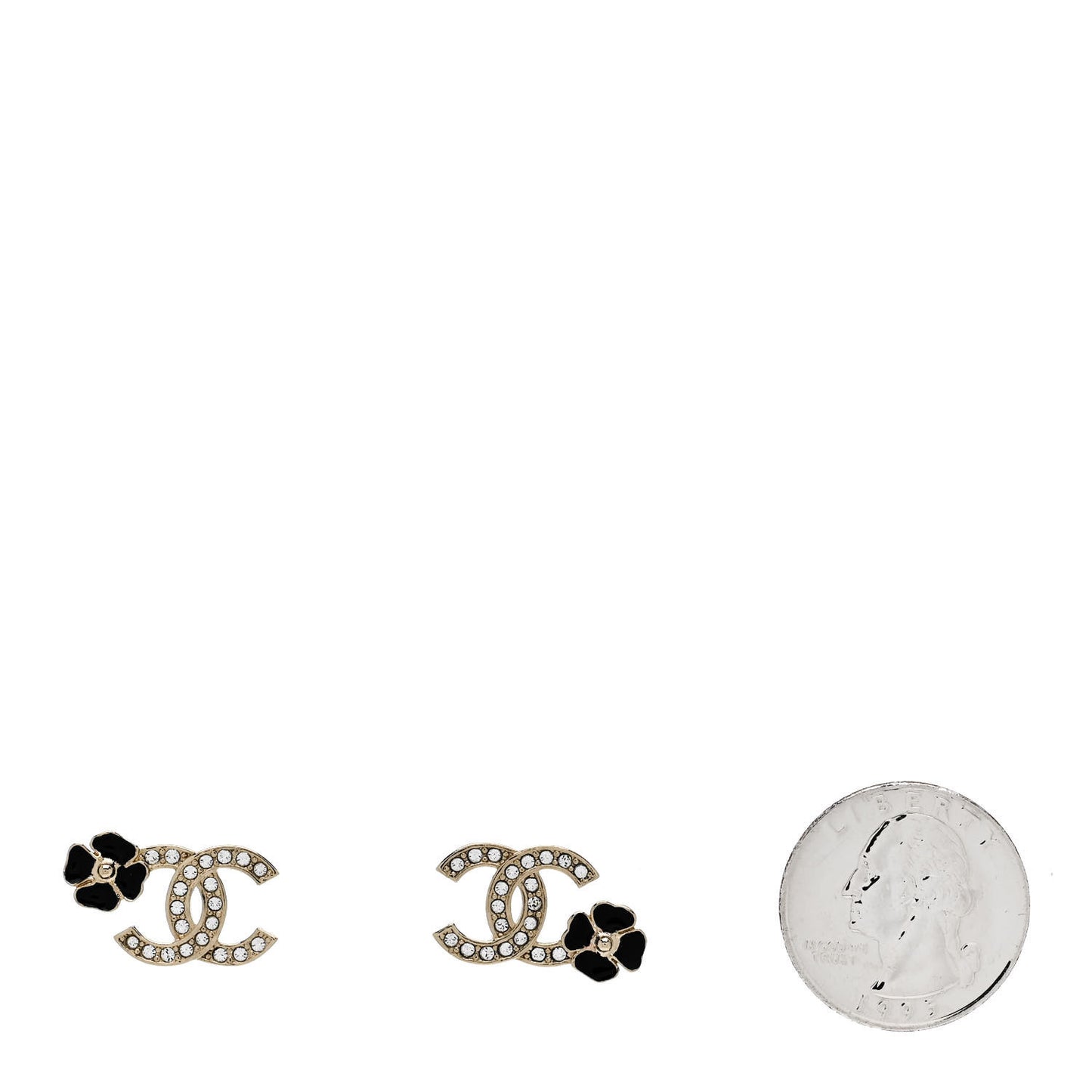 Metal Resin Crystal CC Flower Earrings Black Gold
