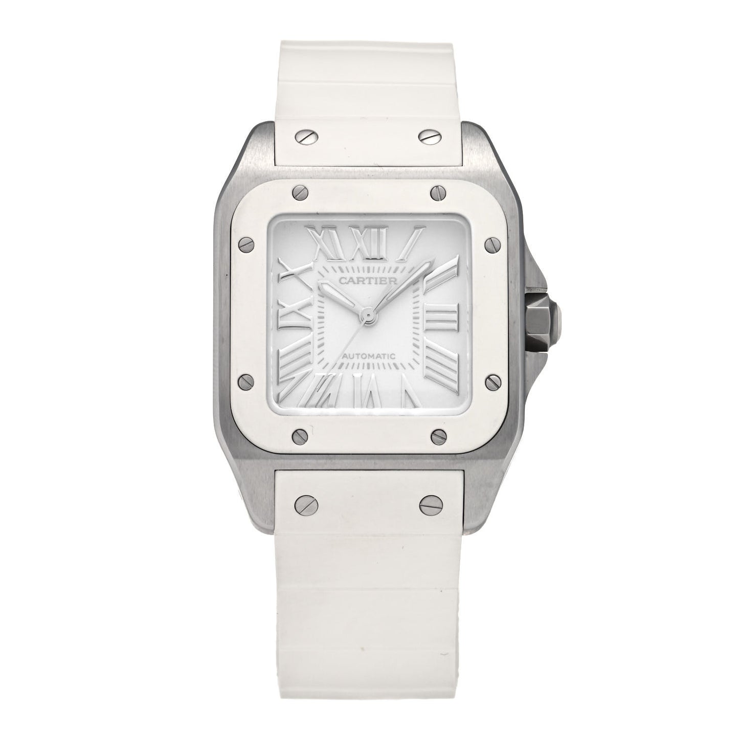 Stainless Steel Rubber 33mm Santos 100 Automatic Watch White