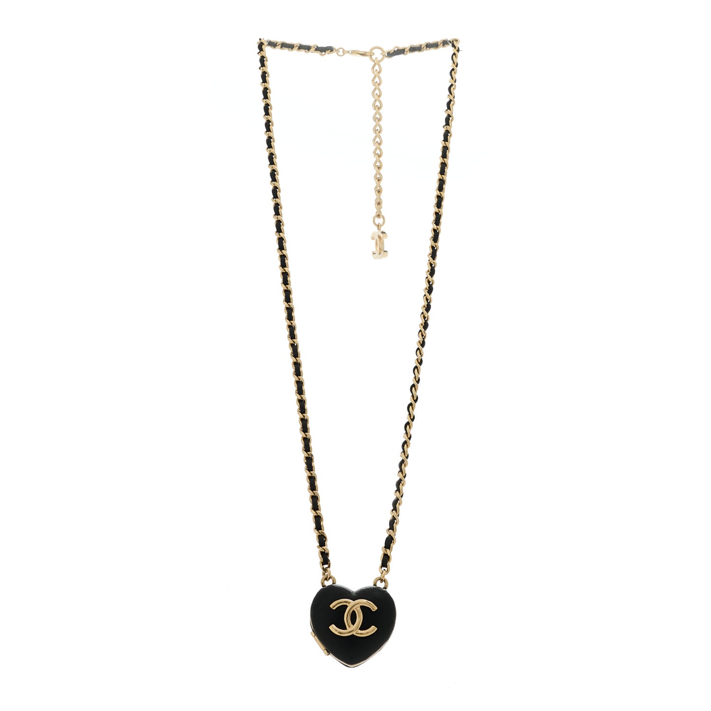 Lambskin CC Heart Mirror Locket Necklace Gold Black