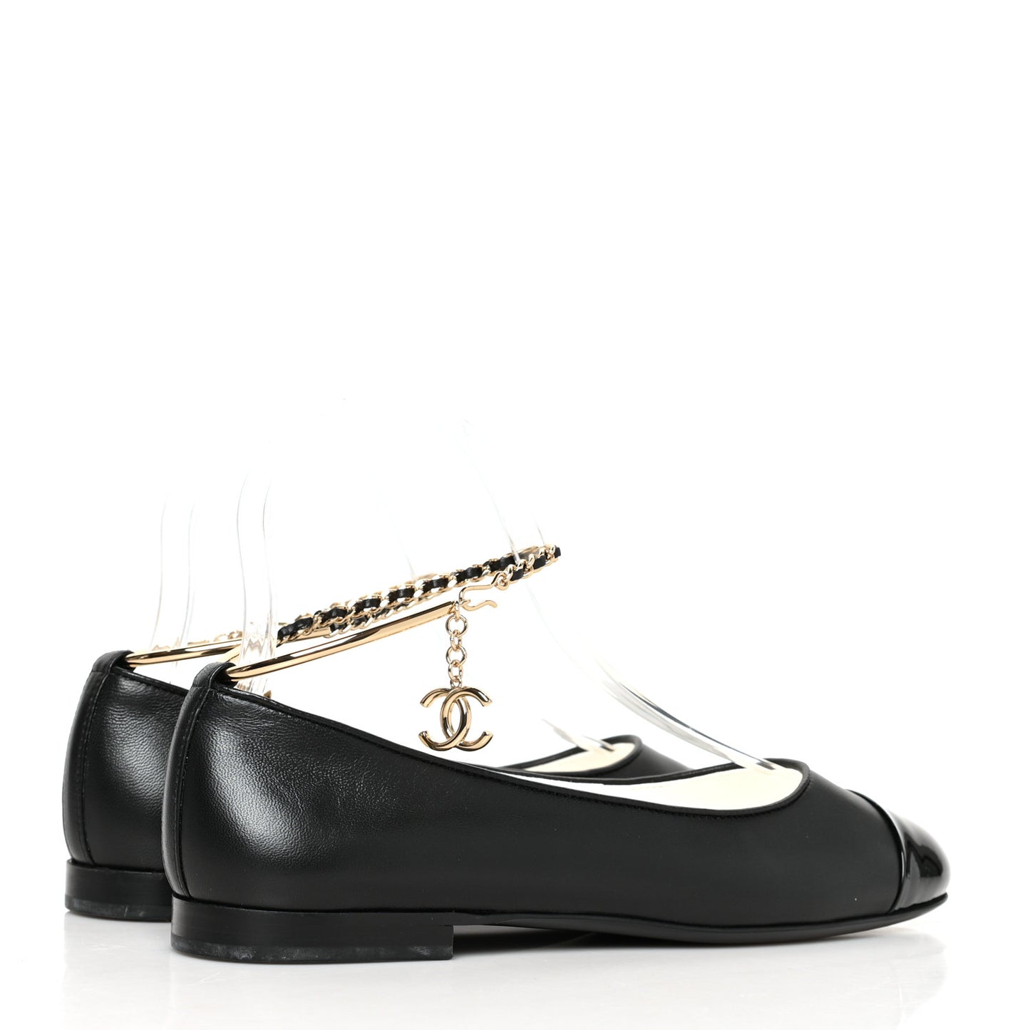 Lambskin Patent Calfskin Cap Toe Ankle Chain Ballerina Flats 38 Black