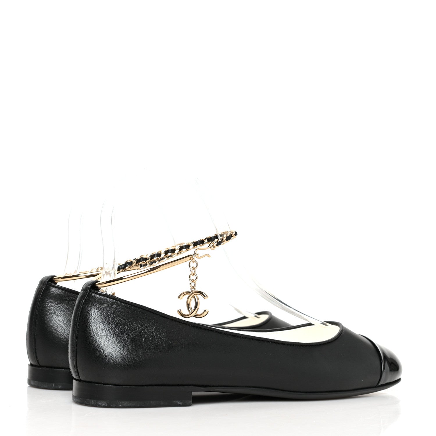 Chanel Lambskin Patent Calfskin Cap Toe Ankle Chain Ballerina Flats 38 Black 4 of 8