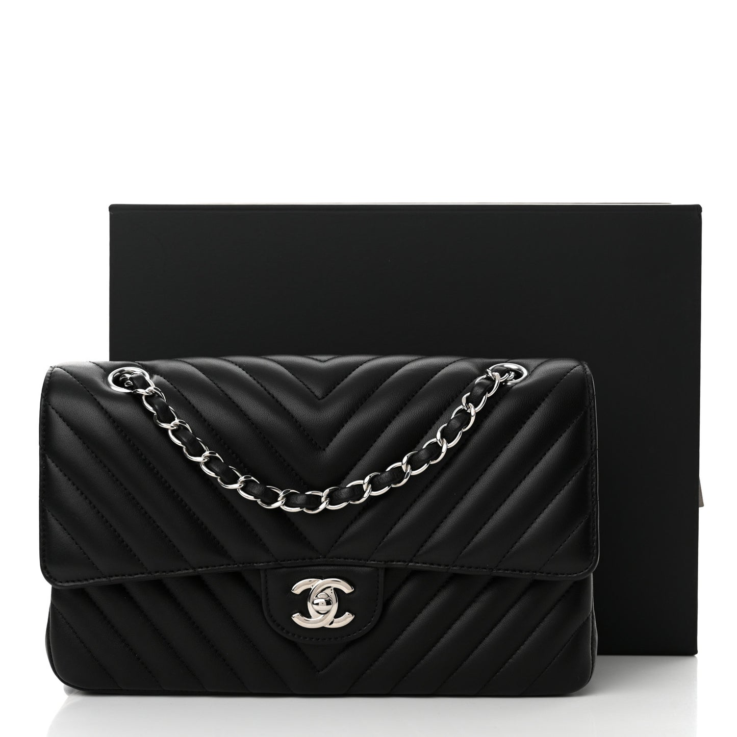 Lambskin Chevron Quilted Medium Double Flap Black