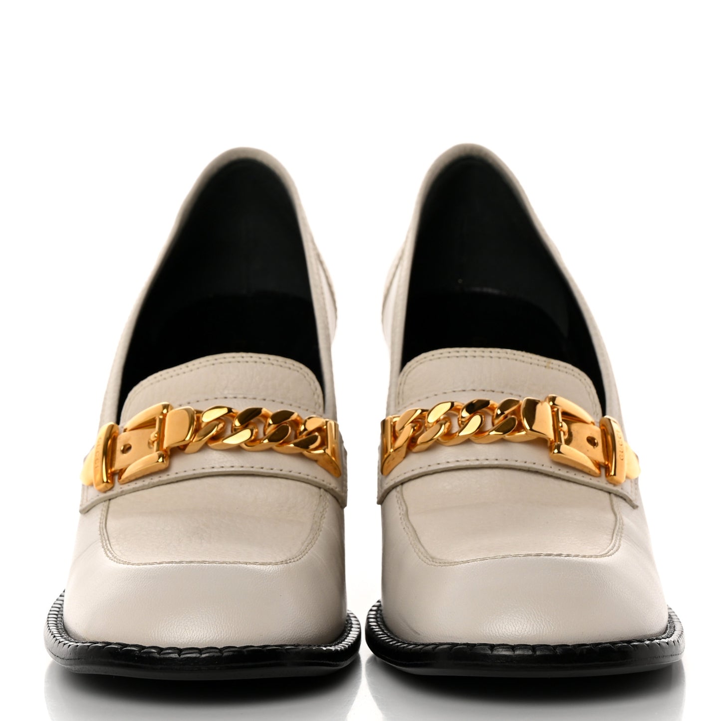 Goatskin Pebbled Calfskin Sylvie Chain Mid Heel Loafers 37.5 Mystic White