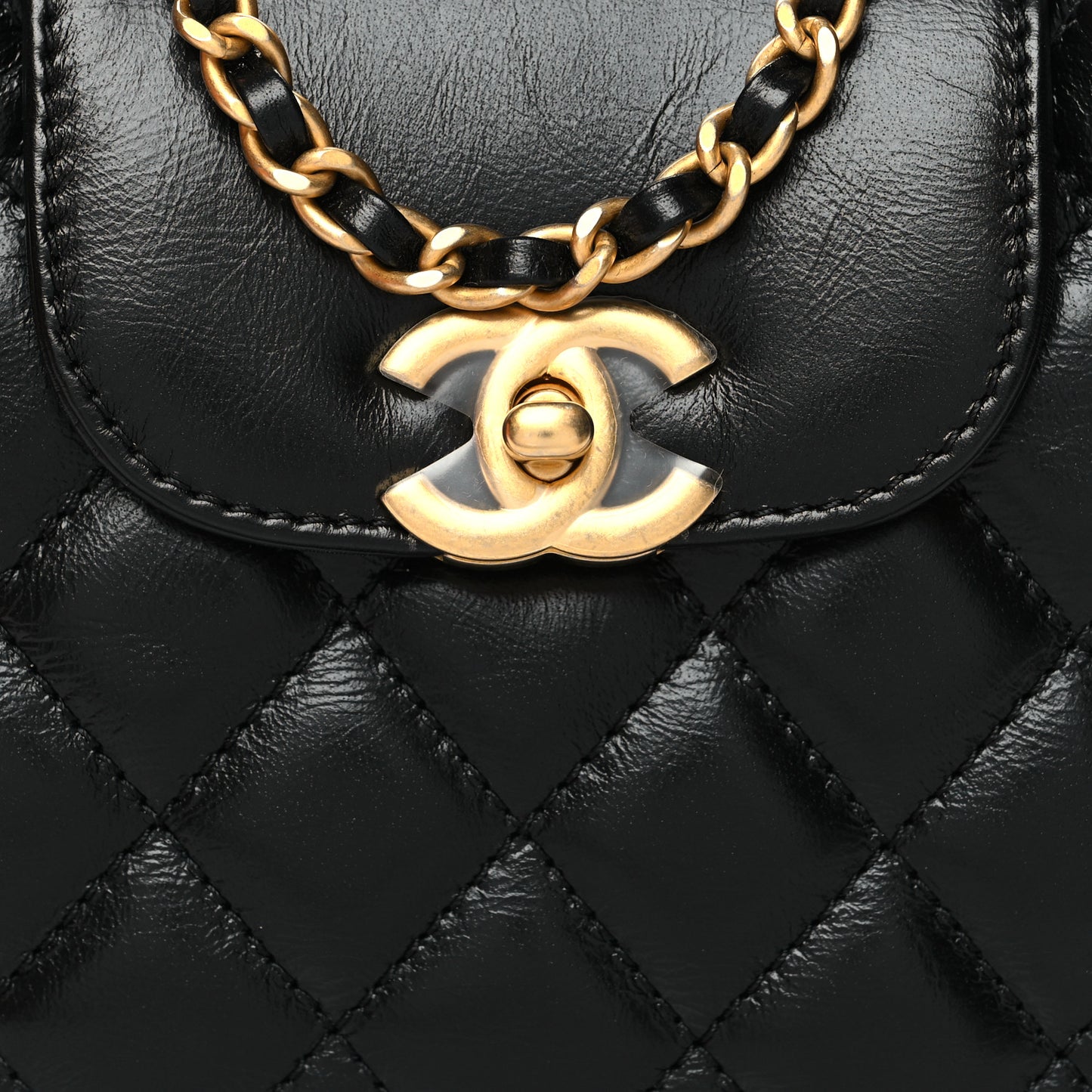 Shiny Aged Calfskin Quilted Nano Kelly Shopper Black