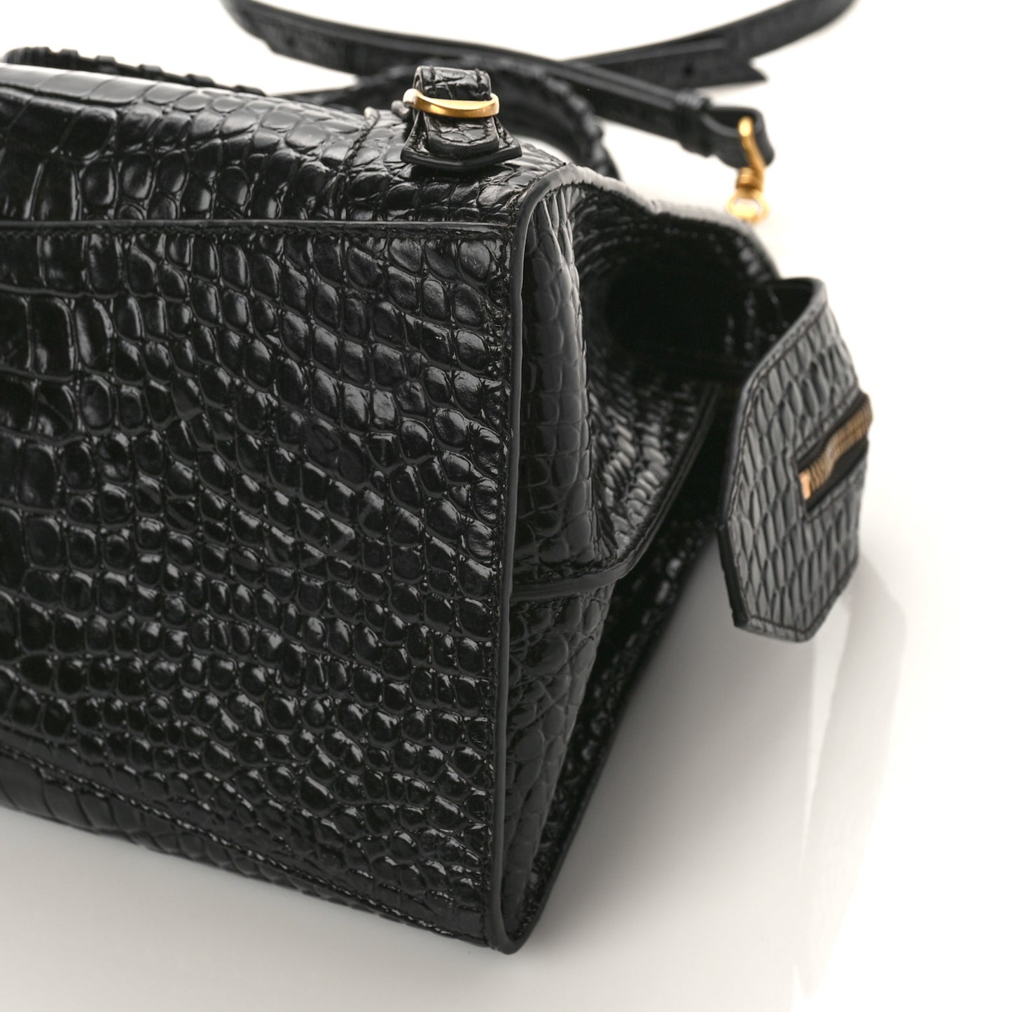 Shiny Supple Calfskin Crocodile Embossed Brass Hardware Neo Classic City Black