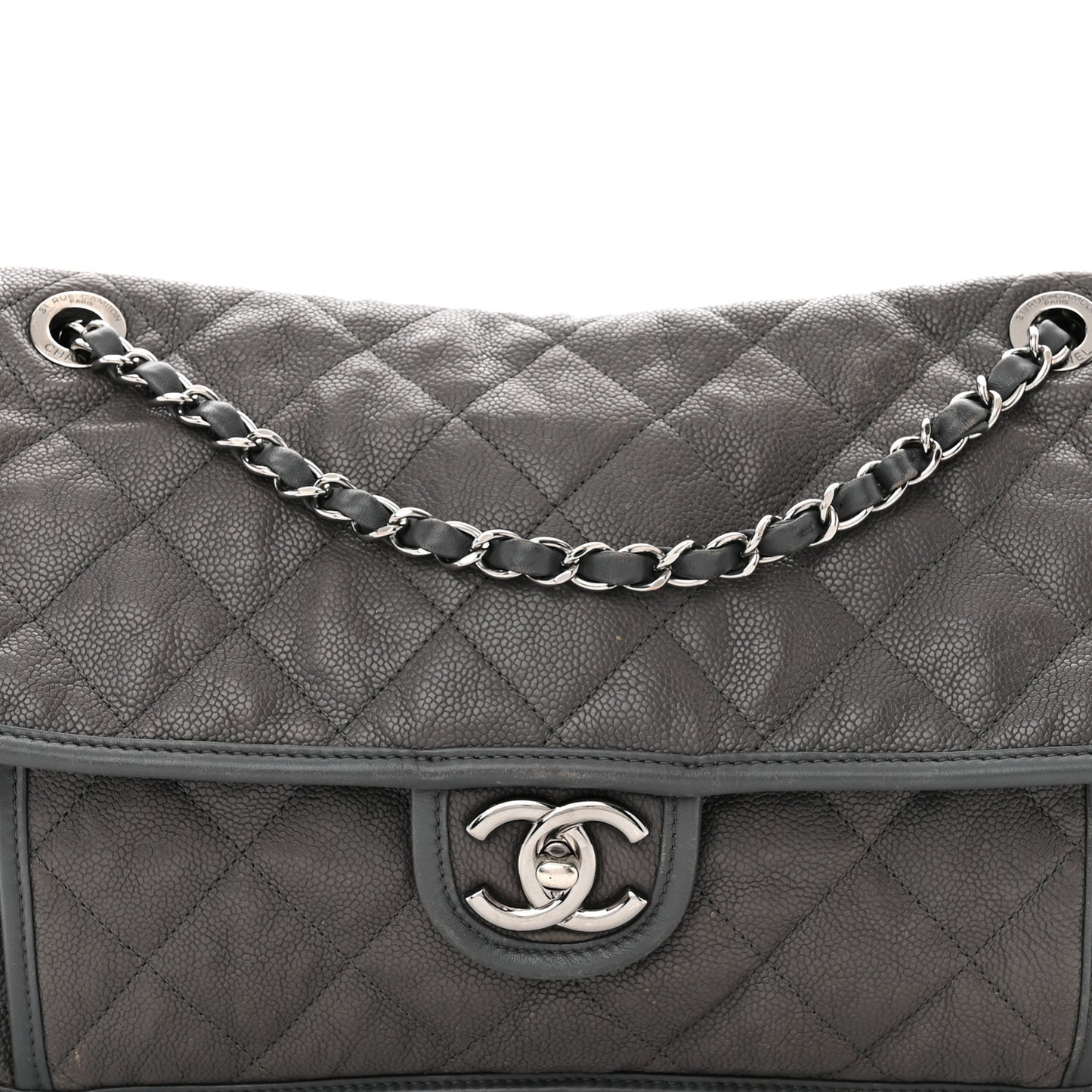 Caviar Quilted Large French Riviera Flap Dark Grey