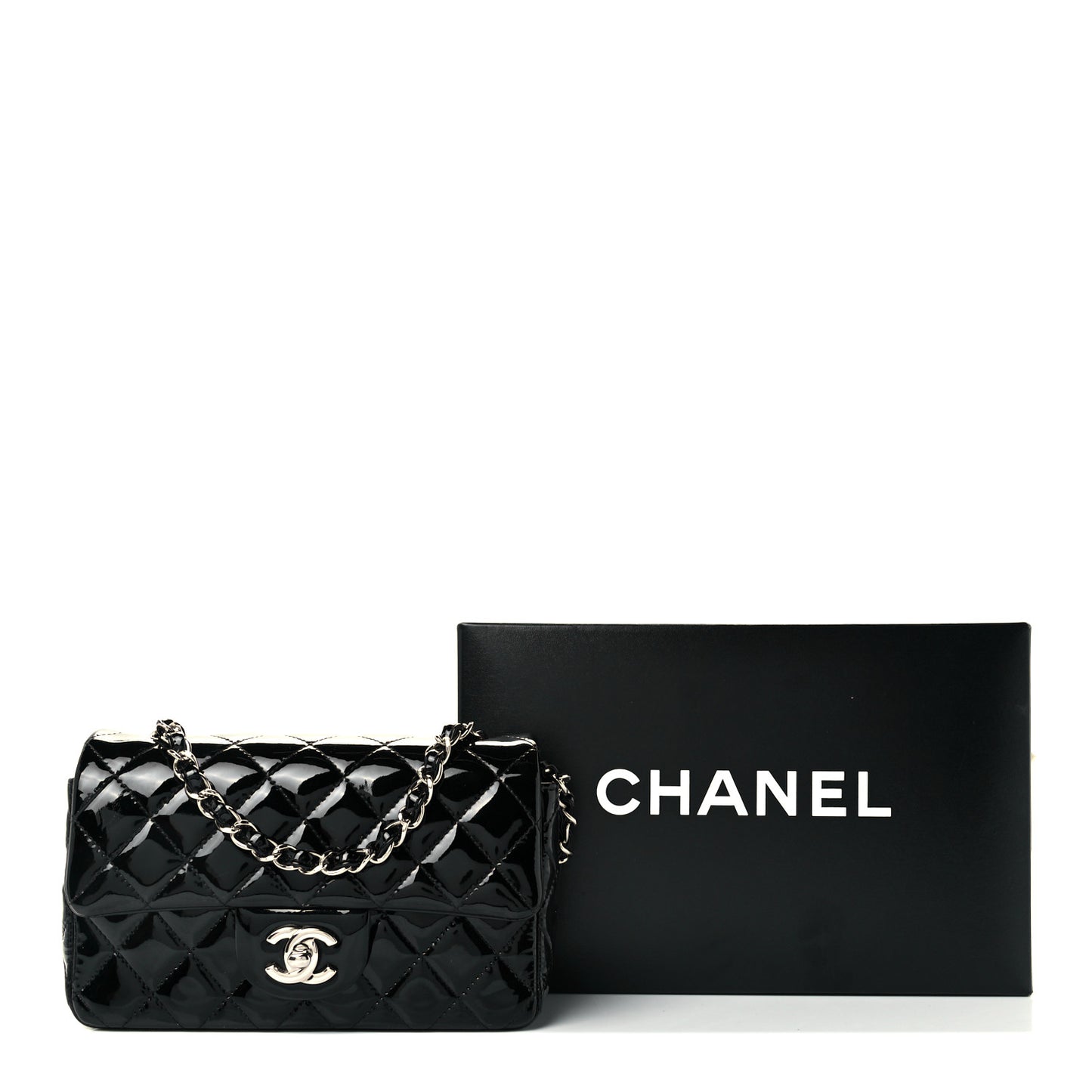 Patent Calfskin Quilted Mini Rectangular Flap Black