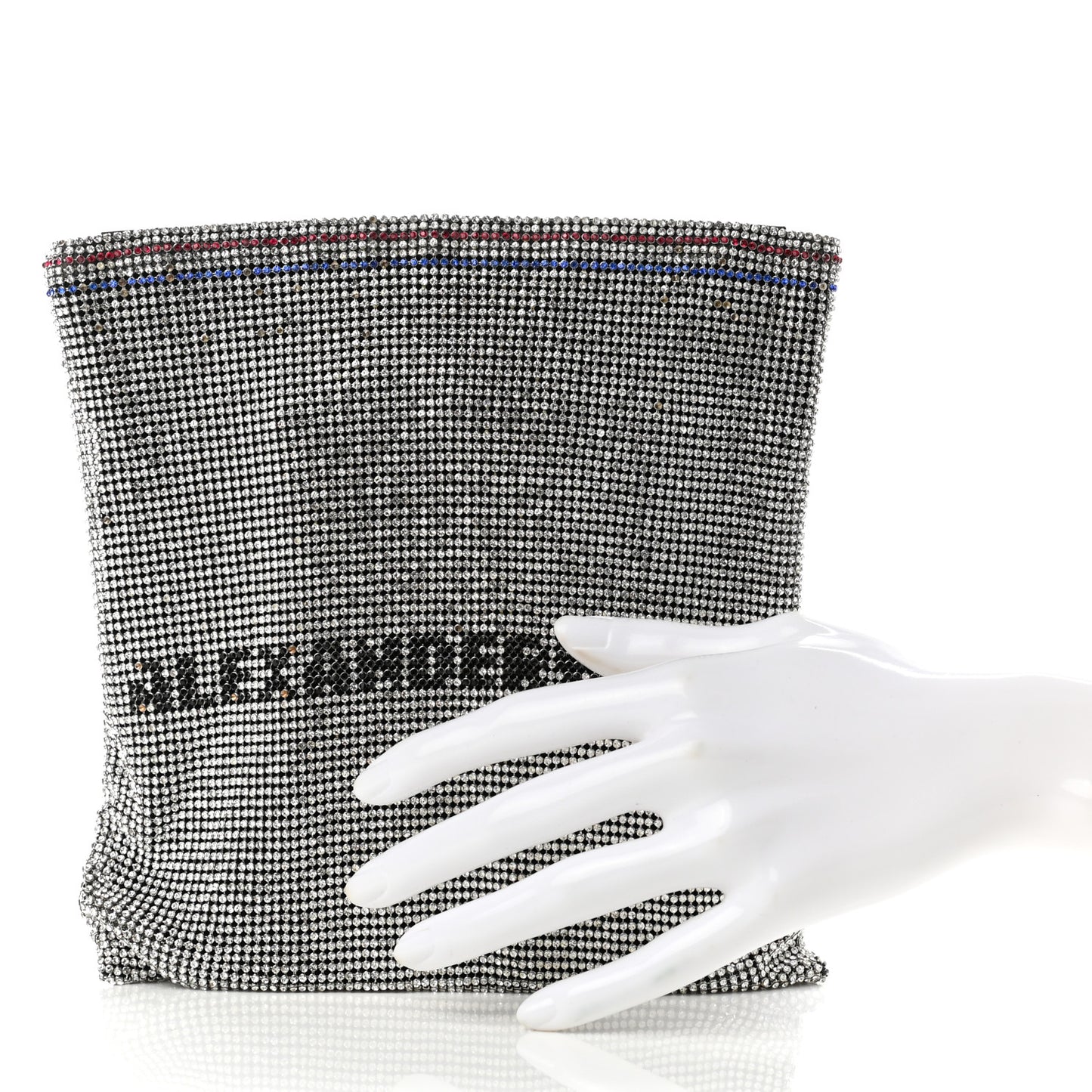 Rhinestone Chain Mesh Wanglock Logo Pouch Silver Multicolor