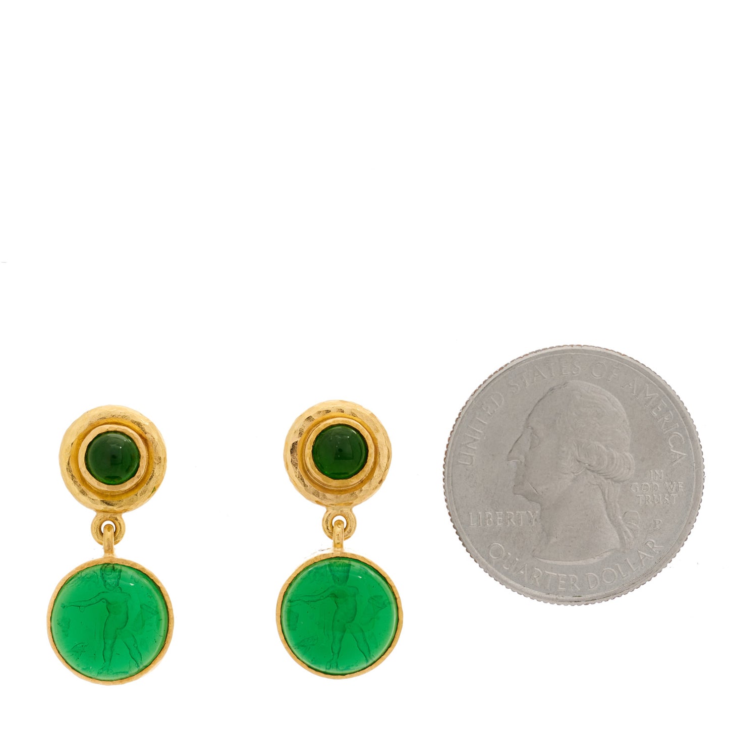 19K Yellow Gold Chrome Diopside Venetian Glass Mother of Pearl Putto and Duck Earrings Green