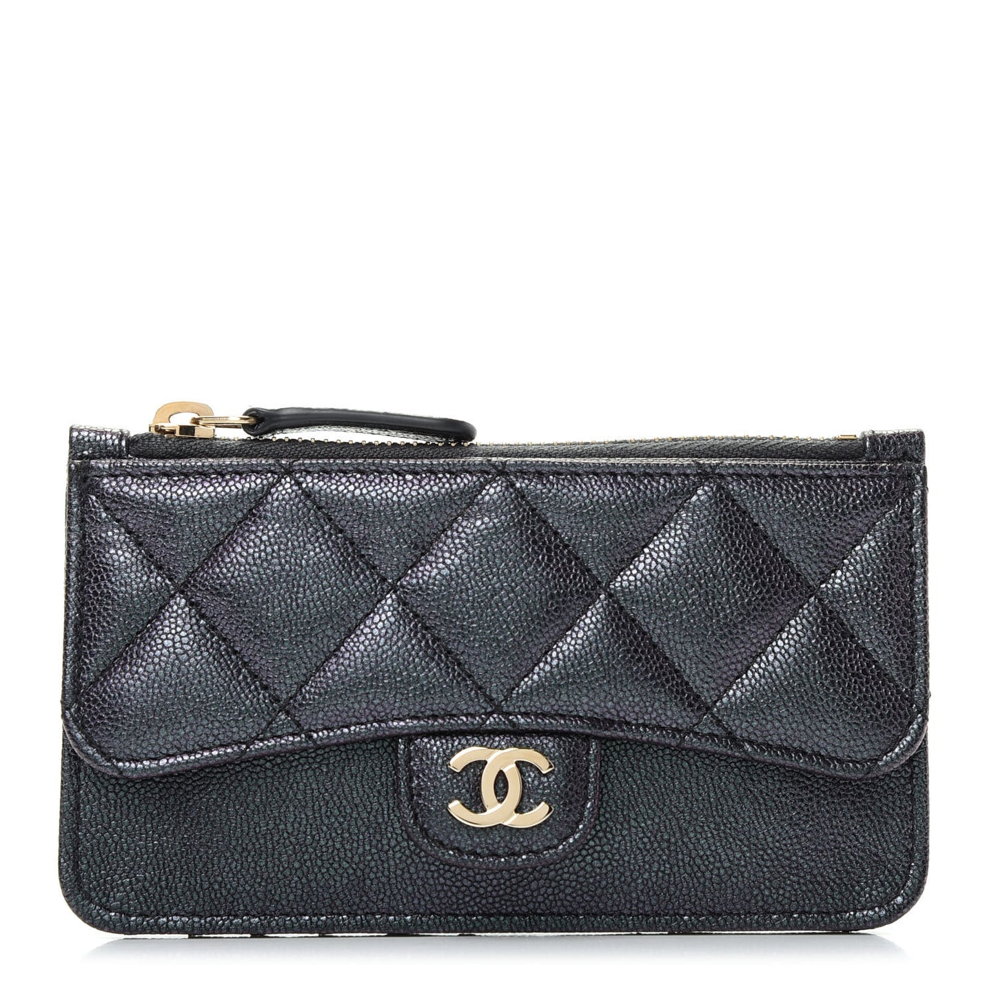Iridescent Caviar Quilted Flap Zip Card Holder Black