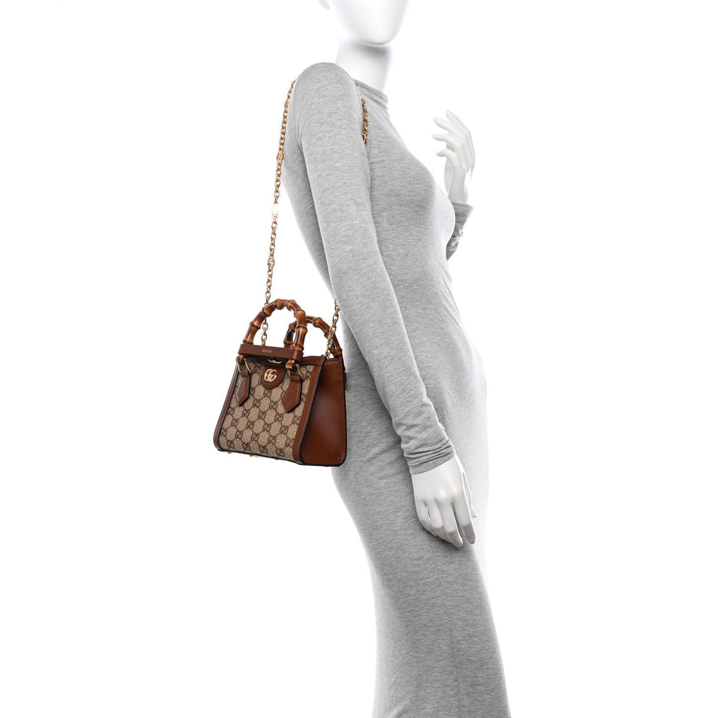 New Canvas Charisma Calfskin Crystal GG Monogram Mini Diana Tote Bag Camel Ebony