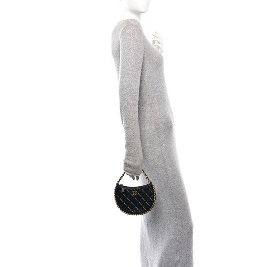 Shiny Crumbled Lambskin Quilted Round Small CC Hobo Black