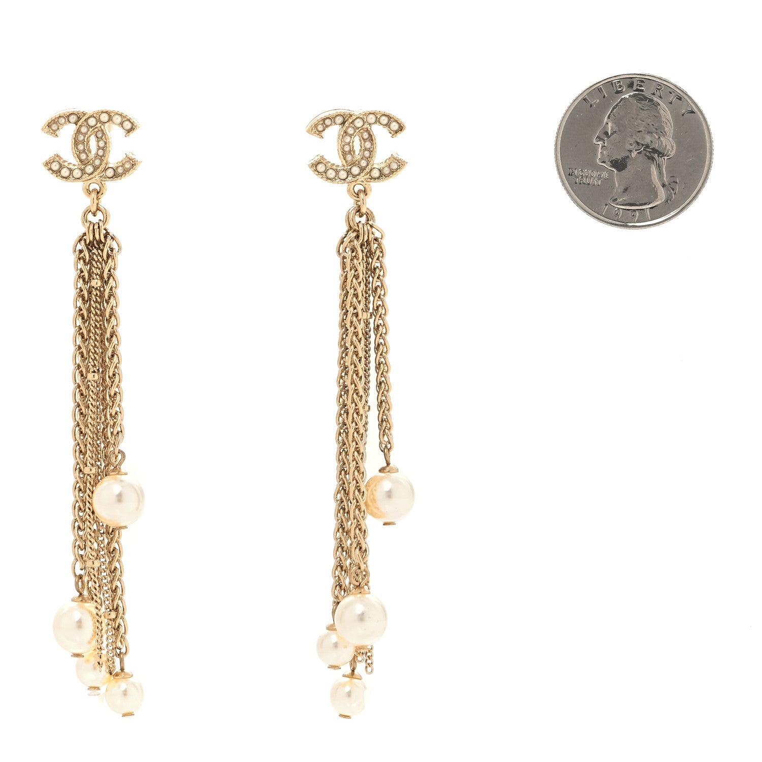 Chanel Pearl Chain CC Dangle Earrings Gold 2 of 5