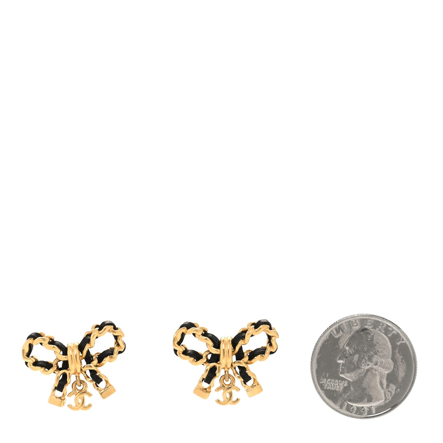 Lambskin Chain Bow Stud Earrings Black Gold