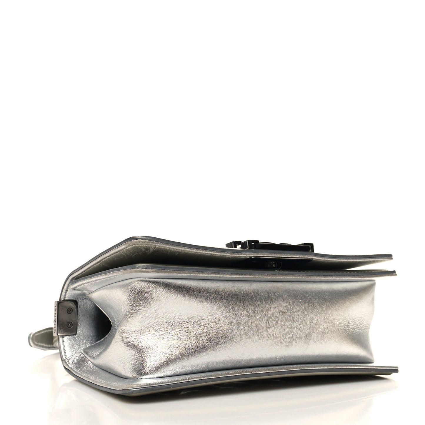 Metallic Patent Calfskin Quilted Small Boy Flap Silver