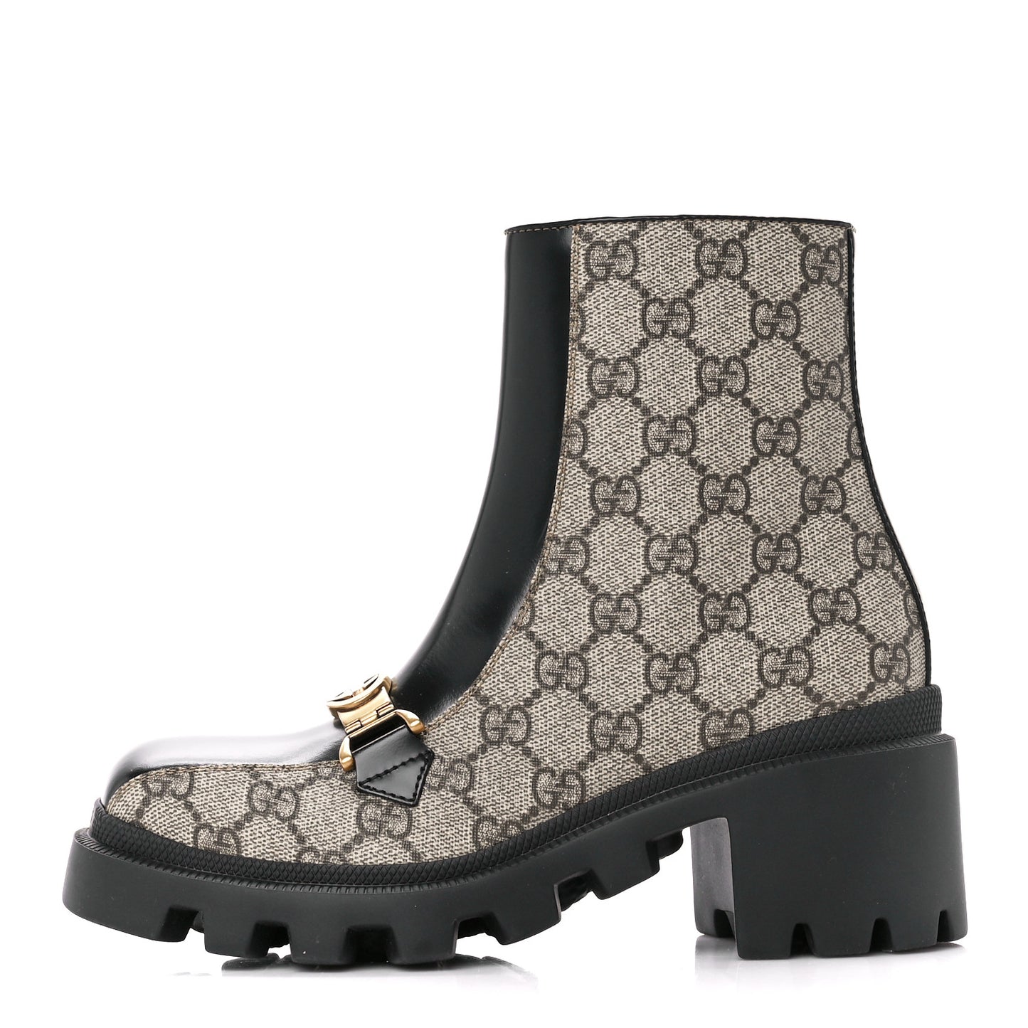 GG Supreme Monogram Magnum Calfskin Interlocking G Womens Lug Sole Ankle Boots 35.5 Beige Ebony Black