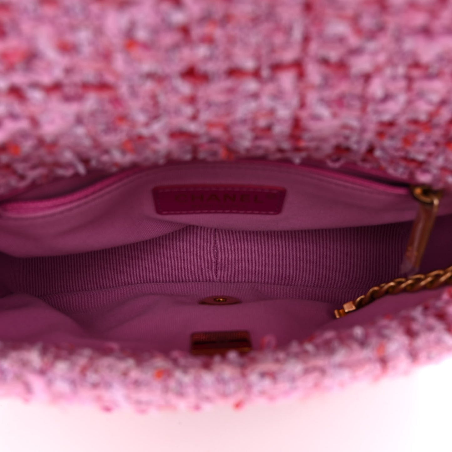 Tweed Enamel Quilted Mini Pending CC Square Flap Light Purple Pink Red