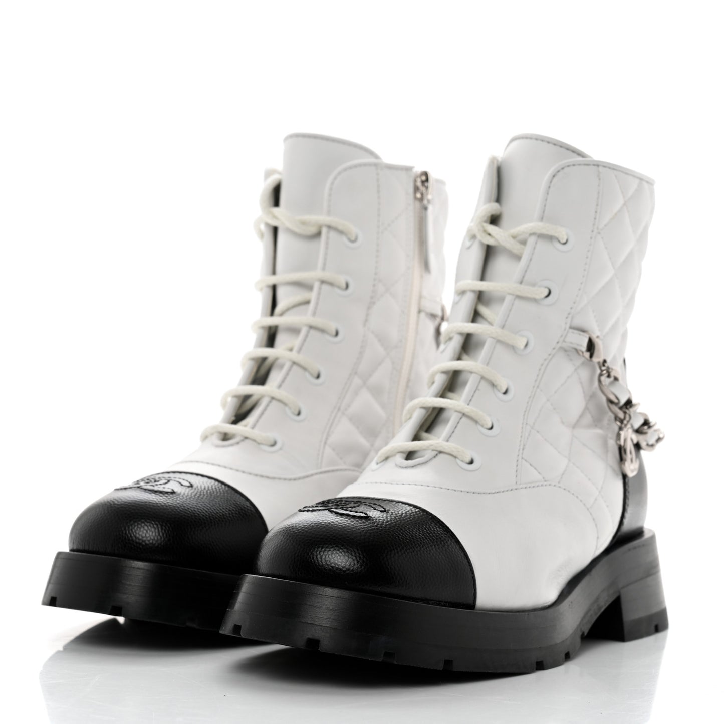 Caviar Calfskin Quilted Chain Lace Up Combat Boots 35.5 White Black