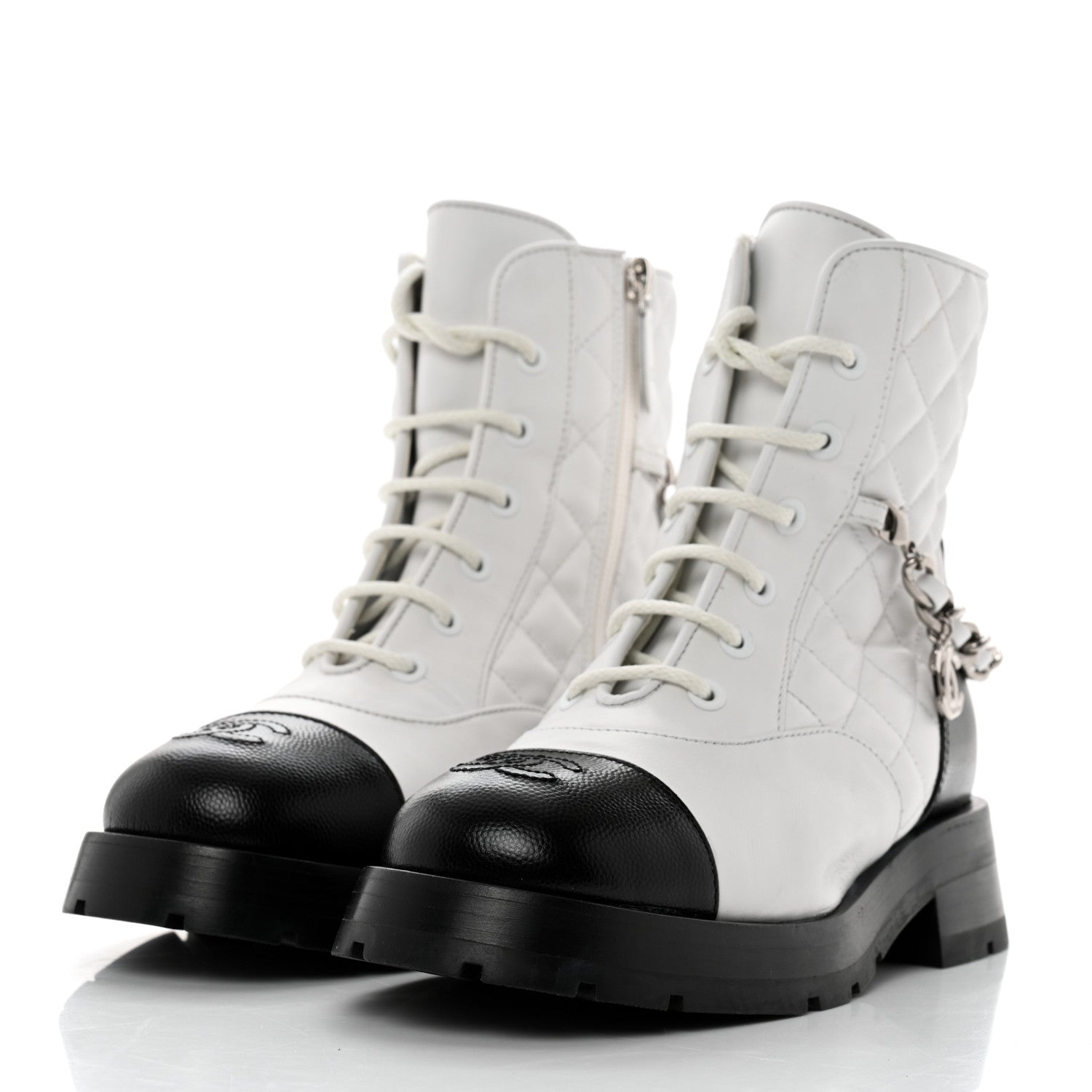 Chanel Caviar Calfskin Quilted Chain Lace Up Combat Boots 35.5 White Black 3 of 9