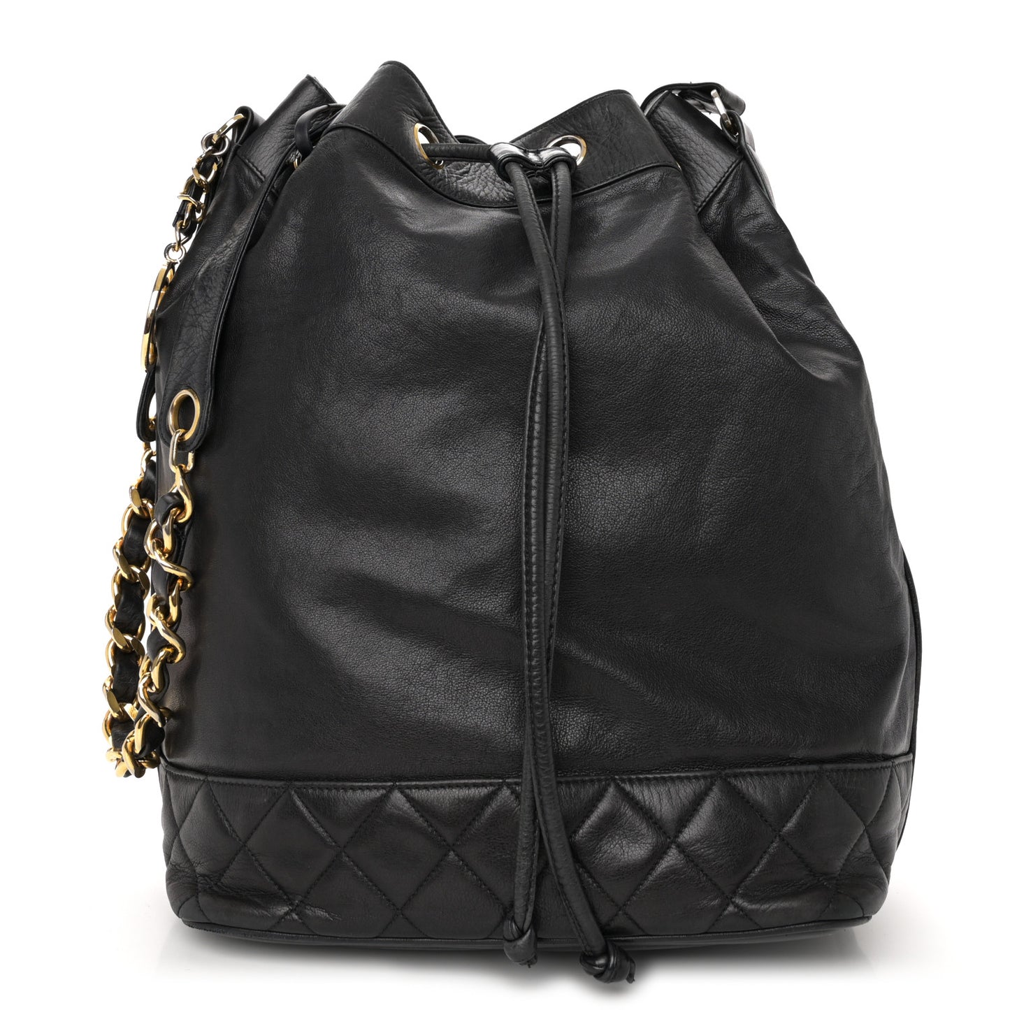 Lambskin Quilted Drawstring Bucket Bag Black