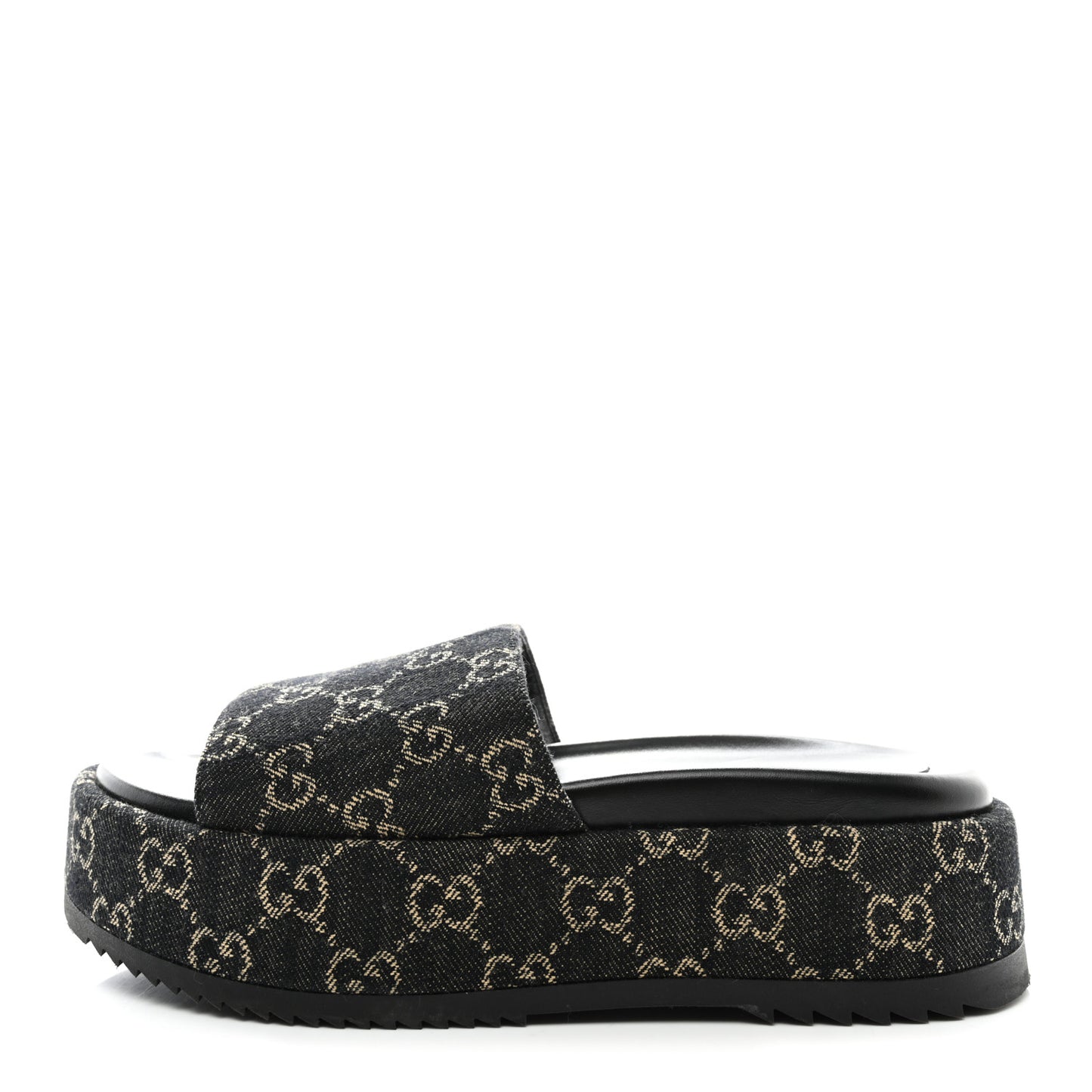 Jacquard Black Denim GG Monogram Angelina Platform 55mm Slide Sandals 38 Black Ivory