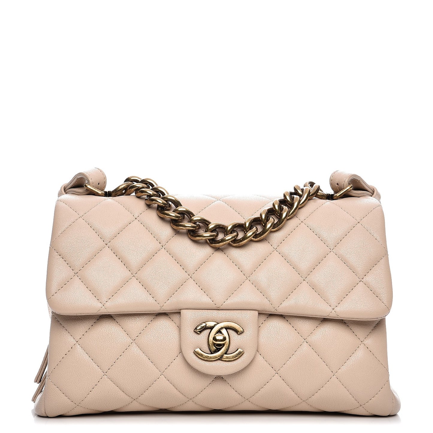 Shiny Sheepskin Quilted Small Trapezio Flap Beige