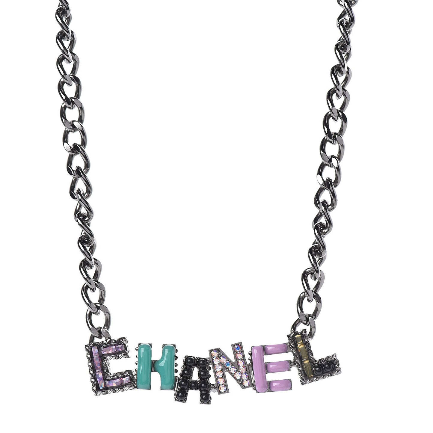 Metal Strass Enamel CC Chain Link Choker Necklace Dark Silver