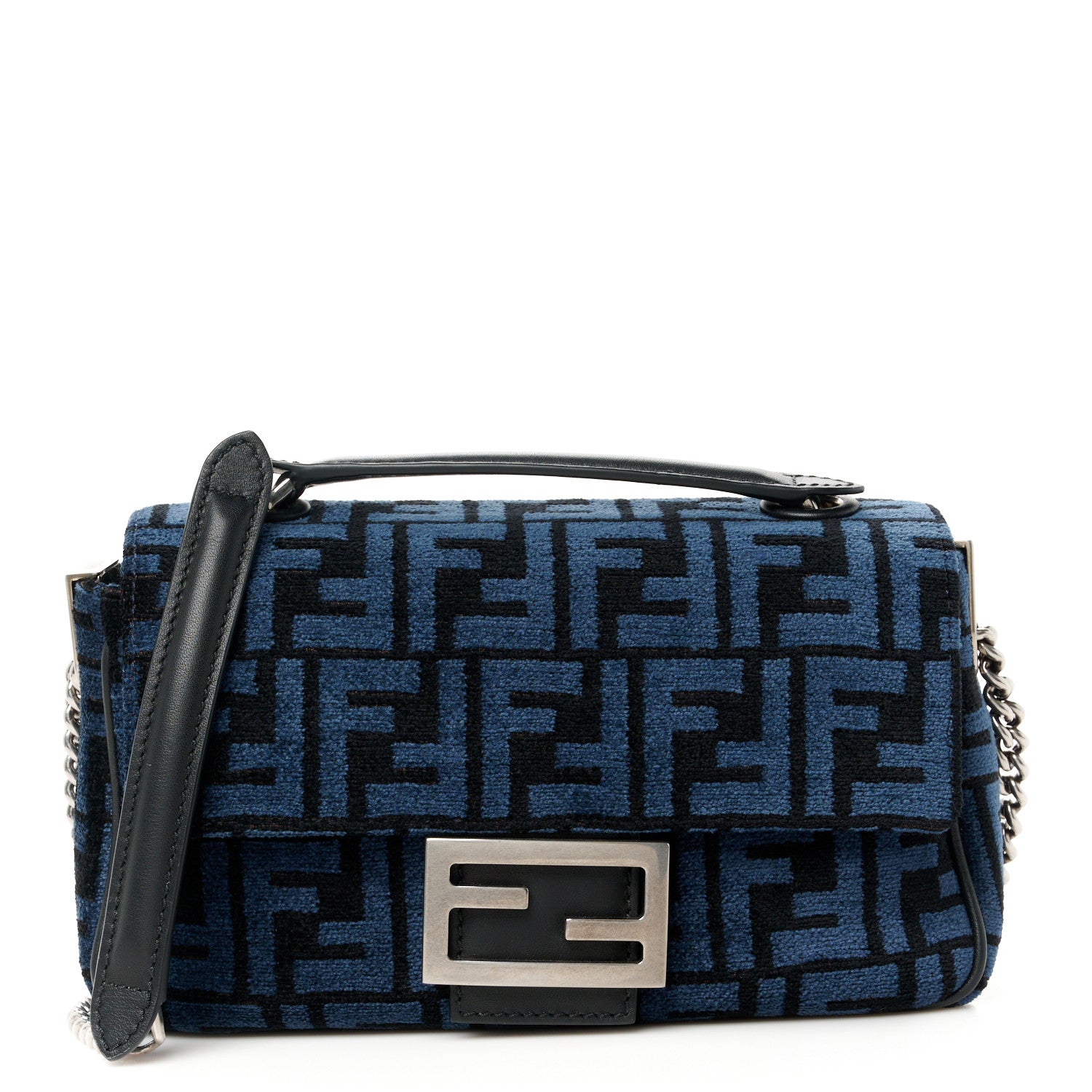 Fendi Chenille Vitello Seta FF Midi Chain Baguette Blue Black 1 of 11
