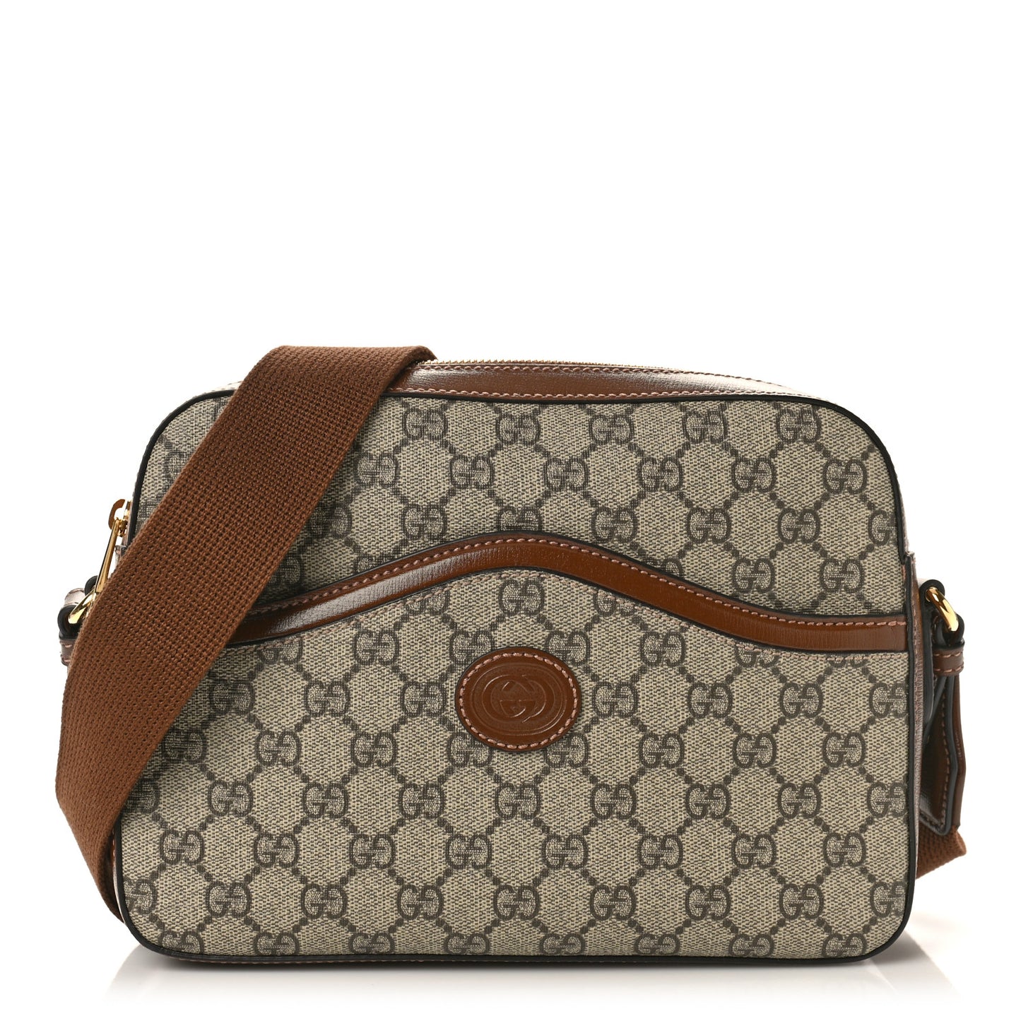 GG Supreme Monogram Azalea Calfskin Retro Interlocking G Messenger Shoulder Bag Beige Ebony Brown Sugar