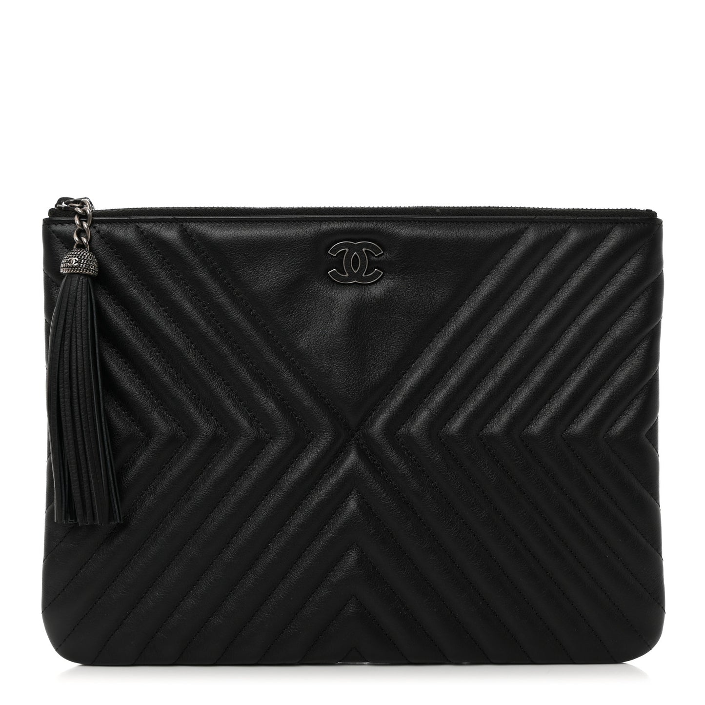 Calfskin Chevron Quilted Tassel Medium Cosmetic Case Black