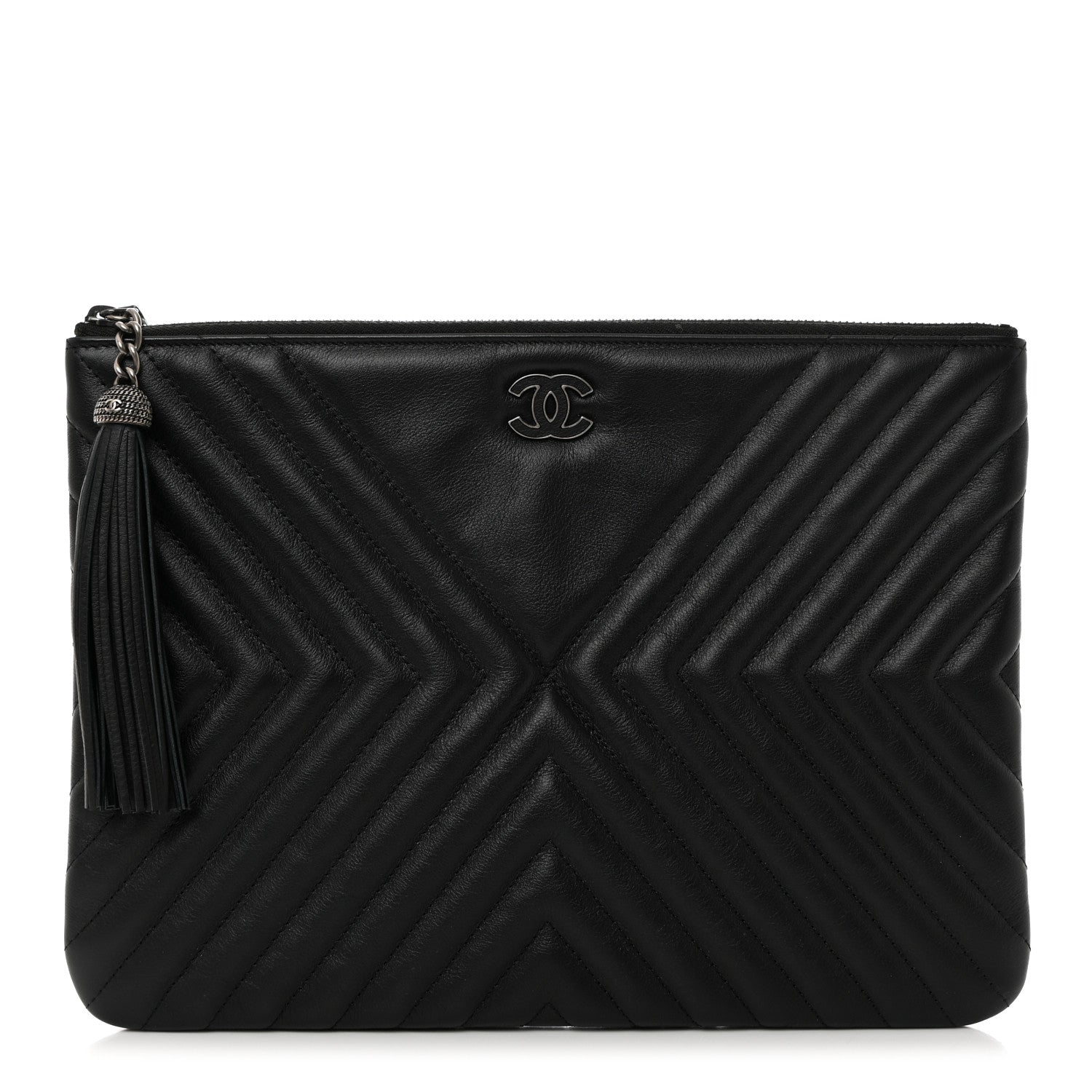 Chanel Calfskin Chevron Quilted Tassel Medium Cosmetic Case Black 1 of 7