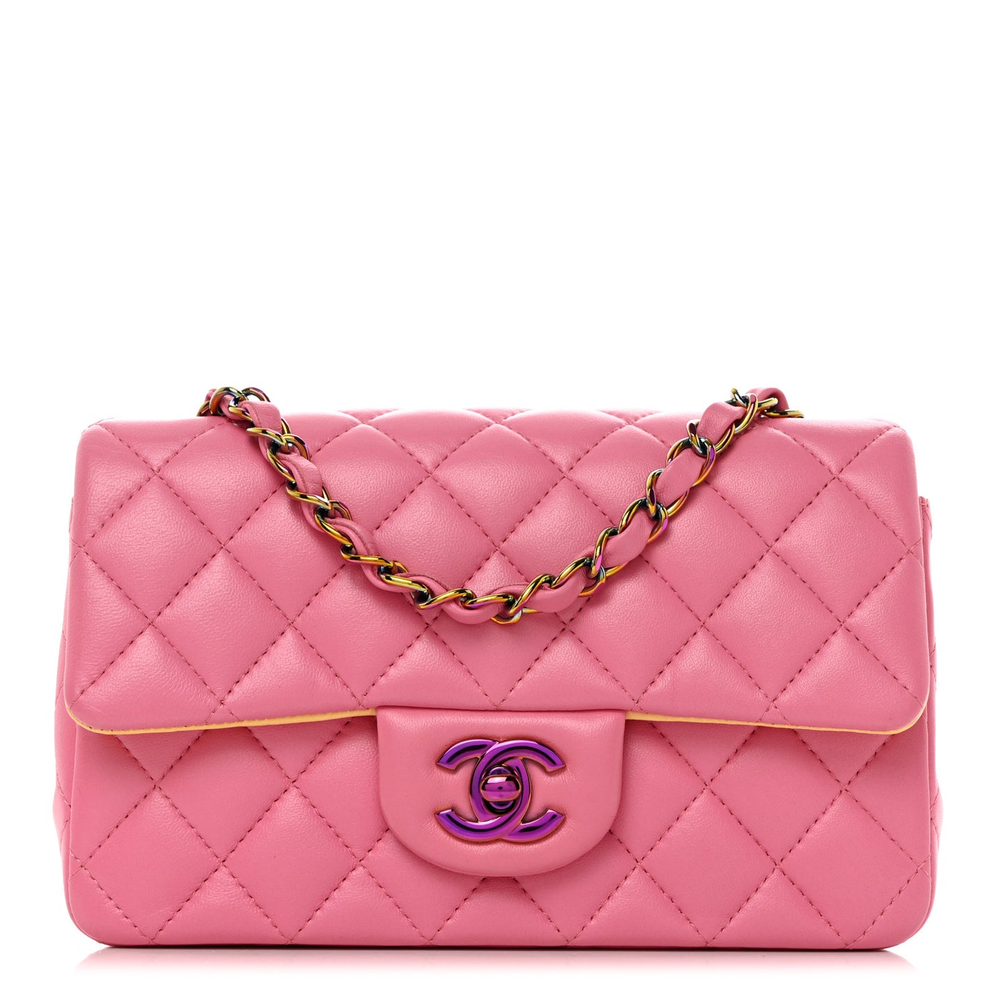 Lambskin Quilted Mini Rectangular Flap Pink Yellow