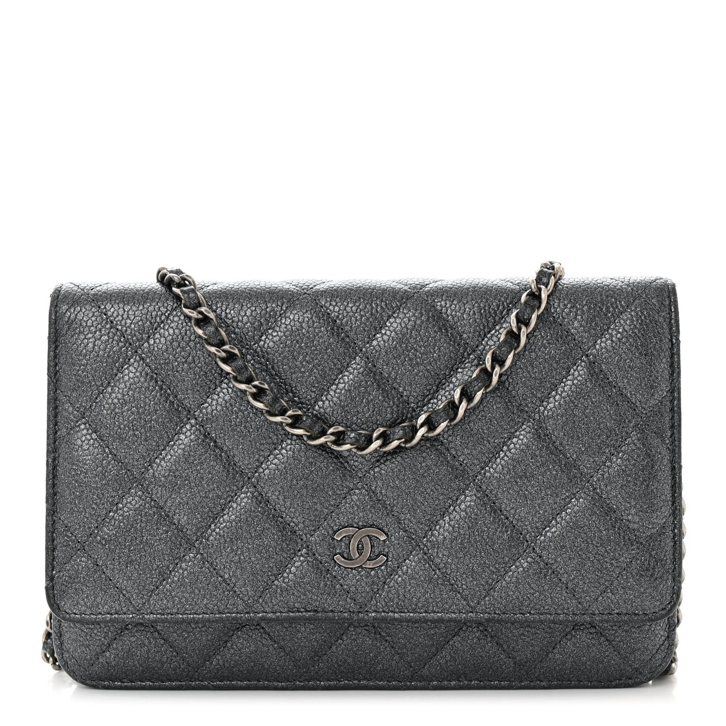 Pearly Caviar Quilted Wallet On Chain WOC Grey